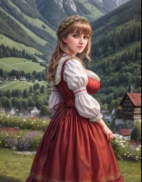 masterpiece, absurdres, fine detail, hdr, highly detailed face and eyes, photorealistic, drindl, a woman in traditional bavarian...