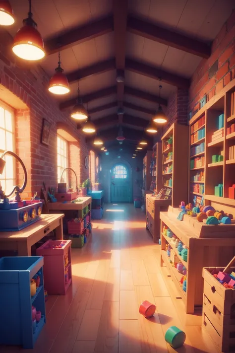 A colorful 3D image of a magical toy factory, with many colors of Lego bricks and a variety of imaginative objects.