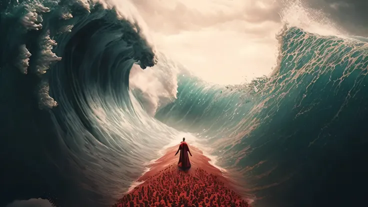 Surfer in a red wetsuit standing on a red surfboard in front of a huge wave, standing in a maelstrom, mar de sangue, amazingly epic visuals, epic surrealism 8k oil painting, epic surrealism, Surrealismo 8K, sangue no mar., tsunami behind him, oceano sangre...