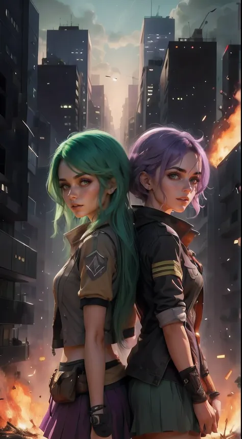 melhor qualidade, realista. 2 meninas, a girl with lilac hair/roxo. A outra garota tem cabelos verdes/verde. They are in the middle of a burning city, it is night time