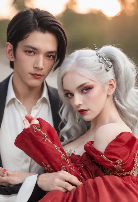 a hot boy, with black hair and red eyes dancing with a cute girl who has a white hair and blue eyes and wearing a red dress