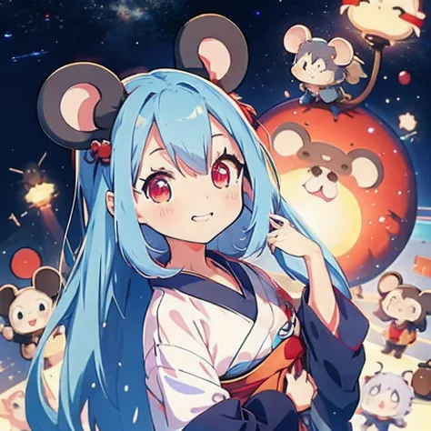 Anime girl with light blue hair, （personification）、straight haired、Red hair ornament、Anime girl with round ears of a mouse, （Wear a red kimono）（Wearing a dark costume）（I have a pet rat next to me）portlate、Outer space background、（A big smile）