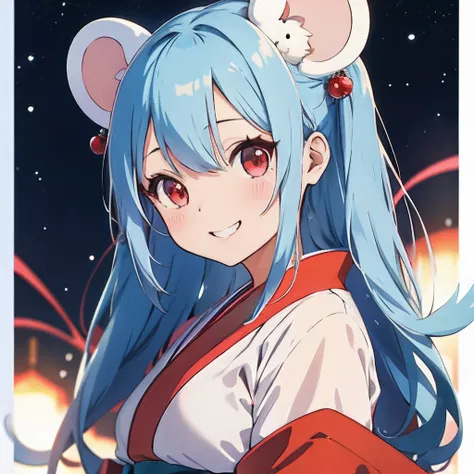 Anime girl with light blue hair, （personification）、large ears that are round and white,,。straight haired、Red hair ornament、Anime girl with round ears of a mouse, Anime visuals of cute girls, （Wearing an old-fashioned Japan red kimono）（Wearing a dark costum...