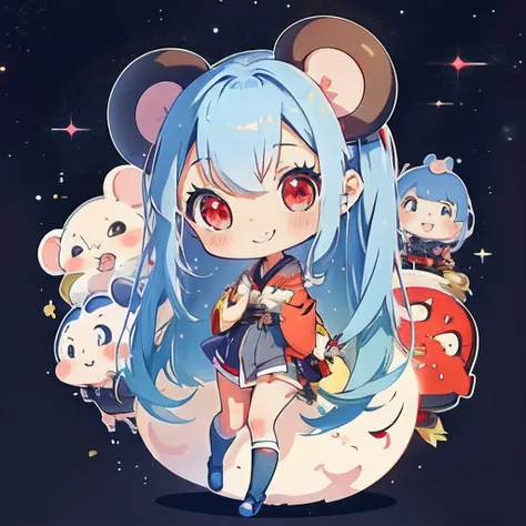 Anime girl with light blue hair, （personification）、straight haired、Red hair ornament、Anime girl with round ears of a mouse, （Wear a red kimono）（Wearing a dark costume）（I have a pet rat next to me）portlate、Outer space background、（A big smile）