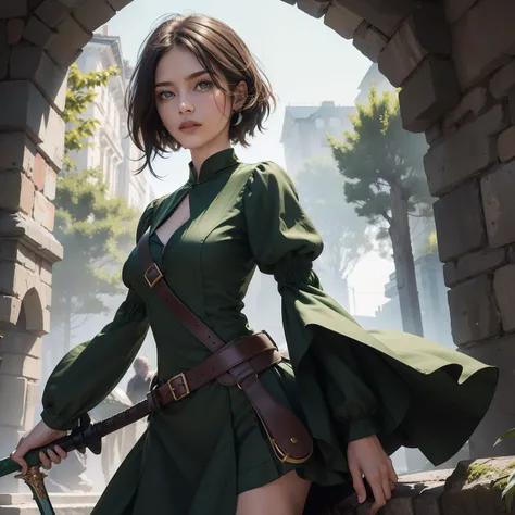 Black-brown hair，Green half-breasted dress，green shoes，Blue pupils，With a matching sword，Royal sister