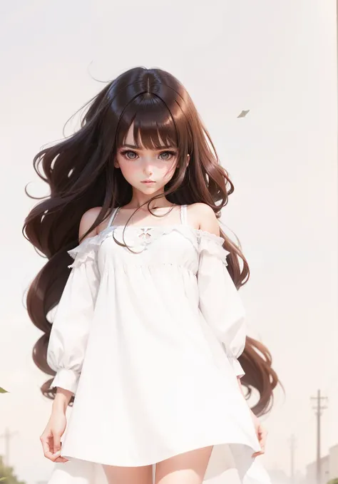 white dresses，Girl with long dark brown hair，quadratic element，style of anime，Outdoor background