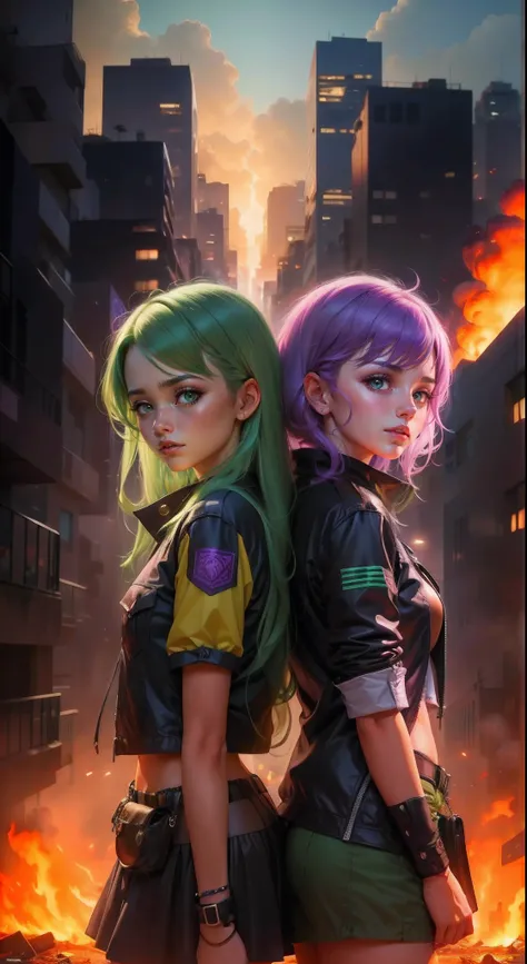 melhor qualidade, realista. 2 meninas, a girl with lilac hair/roxo. A outra menina tem cabelos verdes/verde. They are in the middle of a burning city, it is night time