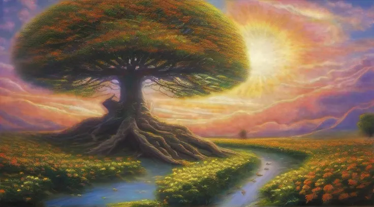 Em um campo florido, a tree stands out, the majestic Tree of Life. His greatness and perfection are evident, com folhas que parecem pulsar com vitalidade. The intertwined branches tell the story of the life of all living beings. Banhada pela luz divina do ...