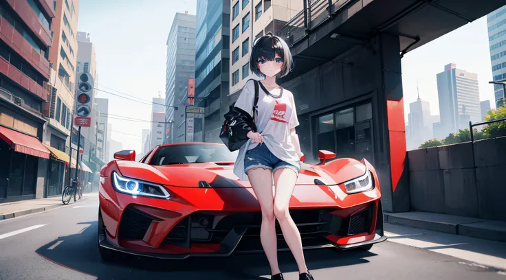 "1girl with short black hair and blue eyes, dressed in a plain white shirt and denim shorts, standing in a bustling city. The scene is captured in absurdly high resolution, ultra-sharp detail, with an impressive 8K quality. The artwork is a true masterpiec...