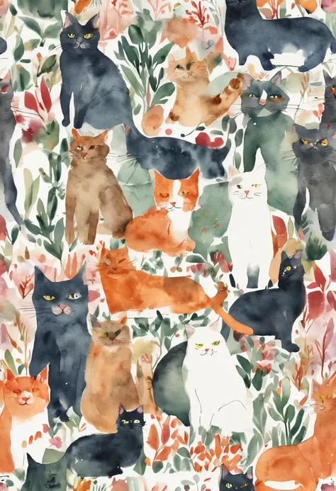 Cats, watercolor, White background