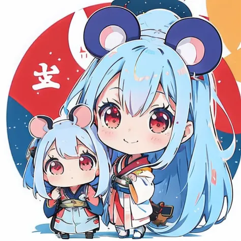 Anime girl with light blue hair, （personification）、straight haired、Red hair ornament、Anime girl with round ears of a mouse, Anime visuals of cute girls, （Wearing a red kimono）（large ears that are round and white,）（I have a pet rat next to me）portlate、Outer...