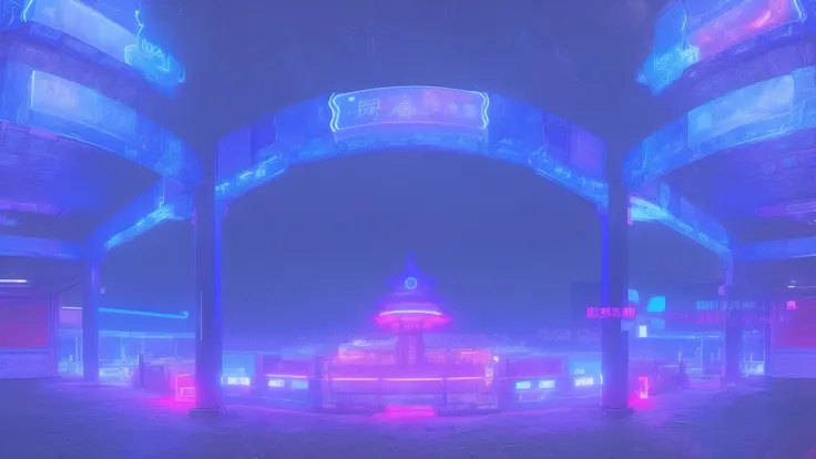 cyber punk perssonage，Chinese architecture，Blue and white neon lights