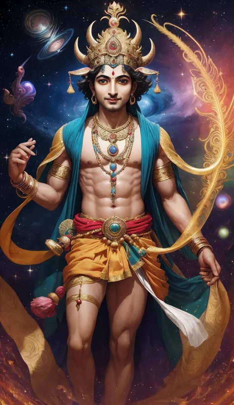 Divine Portrait of Lord KrishnaAmidst the timeless expanse of mythology stands Lord Krishna, an embodiment of divine grace and multifaceted virtues. His complexion, like the dark storm clouds, is a canvas for the radiance of his wisdom and compassion.Eyes ...