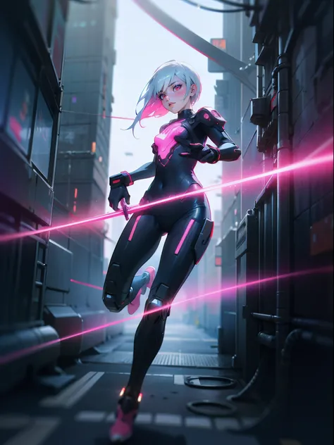 A photograph in a cyperpunk city, neon tokyo, landscape of a young beautiful mature female with short and white hair, red eyes, asian traits, wearing a black full body cybernetic suit, hacker vibe, netrunner, badass, holding a cyber neon katana, 4K, 3d Oct...