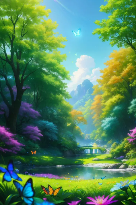 masterpiece, best quality, high quality, extremely detailed cg unity 8k wallpaper, )an extremely colorful and purely fantasy environment with vibrant hues and a bright sky), landscape of bright green grass, colorful trees, glittering fruits, and bright blu...