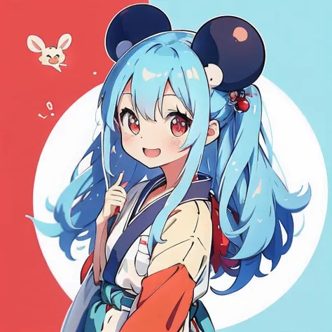 Anime girl with light blue hair, girl with１a person、（personification）、straight haired、Red hair ornament、Anime girl with round ears of a mouse, Anime visuals of cute girls, （Wearing a red kimono）（large ears that are round and white,,）（I have a pet rat next ...