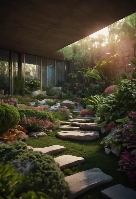 Natural garden landscape with plants around with loose stone floor and with stone wall and luxurious vertical garden behind and free space in the center of the image with clear sky