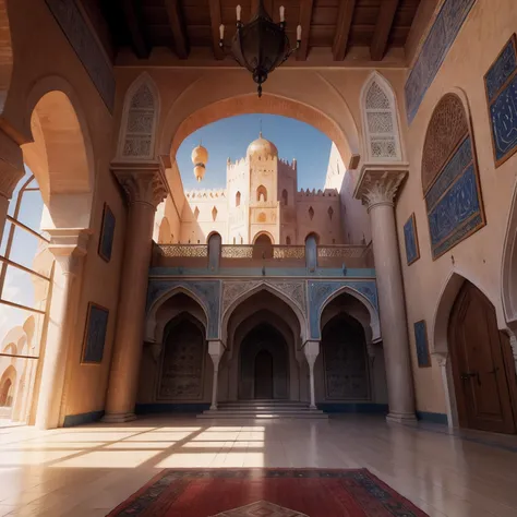 Moroccan castle interior luxury architecture environnement medieval hyper realistic super detailed Dynamic shot