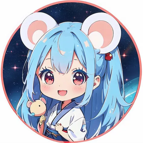 Anime girl with light blue hair, girl with１a person、（personification）、straight haired、Red hair ornament、Anime girl with round ears of a mouse, Anime visuals of cute girls, （Wearing a red kimono）（large ears that are round and white,,,）（I have a pet rat next...