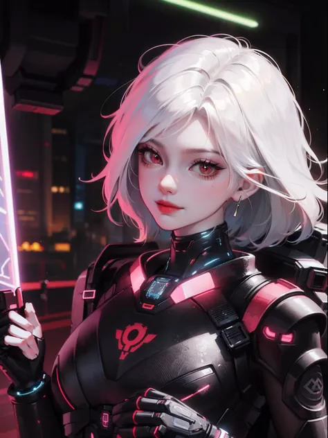 A portrait in a cyperpunk city, neon tokyo, with a young beautiful mature female with short and white hair, red eyes, asian traits, wearing a black and red full body cybernetic suit, hacker vibe, netrunner, badass, running, with a cocky smile, smirk, holdi...