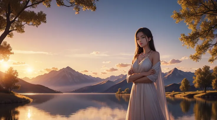 1 girl, serene expression, mesmerizing eyes, straight long hair, flowing dress, poised posture, porcelain skin, subtle blush, crystal pendant
BREAK
golden hour, (rim lighting):1.2, warm tones, sun flare, soft shadows, vibrant colors, painterly effect, drea...