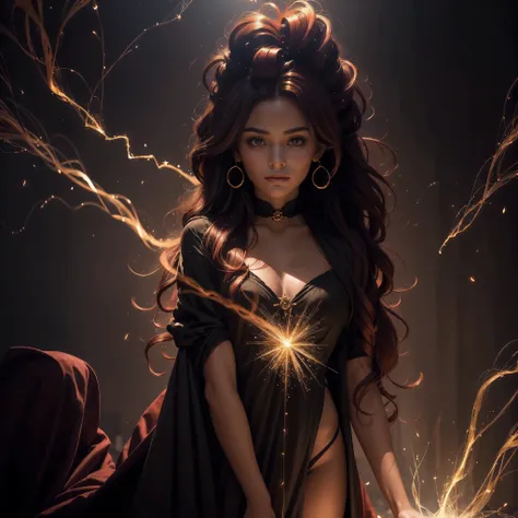 (obra maestra) (La mejor calidad) In a dark room of a strange reddish mist and golden sparks emerges a beautiful and beautiful witch of demonic appearance and great magical powers.. Your hair is being lifted upwards by a mysterious wind.