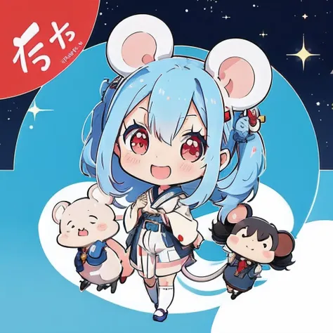 Anime girl with light blue hair, girl with１a person、（personification）、straight haired、Red hair ornament、Anime girl with round ears of a mouse, Anime visuals of cute girls, （Wearing a red kimono）（large ears that are round and white,,,,）（I have a pet rat nex...