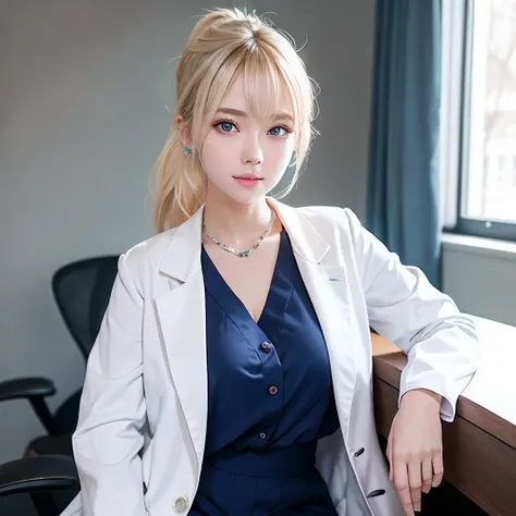 Full body frame, A doctor with only white buttoned coat, sitting, background of intricate consultation room, details of hospital computer table, bright face expression、ponyTail、Young shiny shiny white shiny skin、Best Looks、Blonde reflected light、Platinum b...