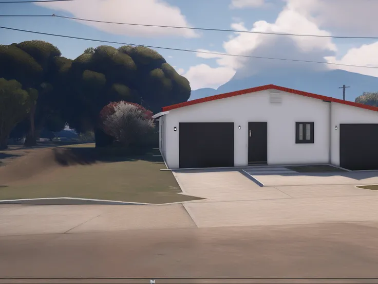 There is a white house with a red roof and a red roof, ((gta 5 casa screenshot)), [ Fotorrealismo 4K ], semi-realistic rendering, [ Fotorrealismo 4K ]!!!, captura de tela fotorrealista, altamente renderizado!!, [ Fotorrealismo 4K ]!!, sem capuz | | sombrea...