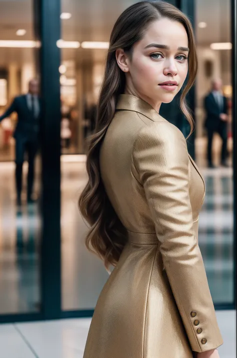 Ultra Realistic Emilia Clarke Realistic Photograph in shopping mall, real day lighting, 8k, Detailed suit (masterpiece:1.2) (photorealistic:1.2) (bokeh) (best quality) (on beach) (intricate details) (8k) (HDR) (analog film) (canon d5) (cinematic lighting) ...