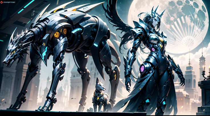 Cyborg wolf，Raise your head to show your teeth details，Moon，The lines of the silver-white mech are perfectly depicted，The four legs are depicted exquisitely，Load weapon wing knives