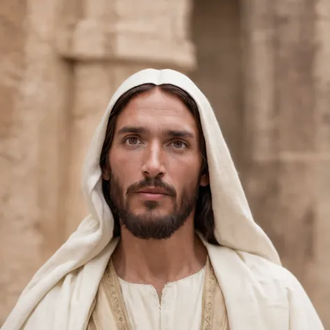 Um lindo retrato realista ultrafino de Jesus , o profeta, um homem 33 anos Hebreu, longos cabelos castanho, longa barba castonho, wearing white tunic, em vista frontal, corpo inteiro, biblical, realista,no deserto detalhes intrincados, Por Abbott Fuller Gr...