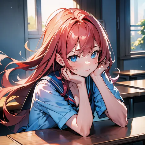 Blue-orange curls are curved inward，It belongs to long-haired，There is a strong sense of freshness and freshness,16yo girl,((serafuku)), hands on ones face, Lean on the desk with your elbows on the desk, ‎Classroom, sunlights, window, see the beholder, Too...