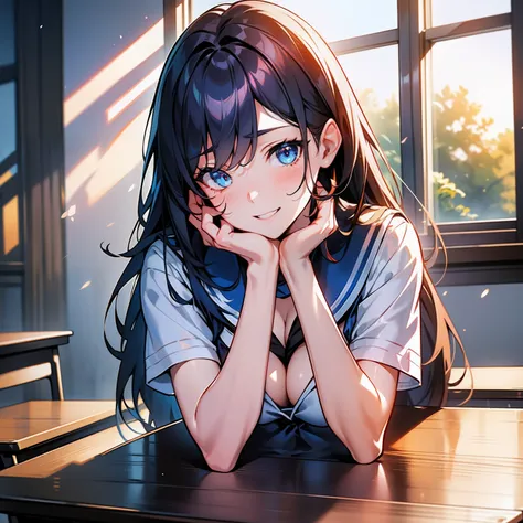 Blue-orange curls are curved inward，It belongs to long-haired，There is a strong sense of freshness and freshness,16yo girl,((serafuku)), hands on ones face, Lean on the desk with your elbows on the desk, ‎Classroom, sunlights, window, see the beholder, Too...