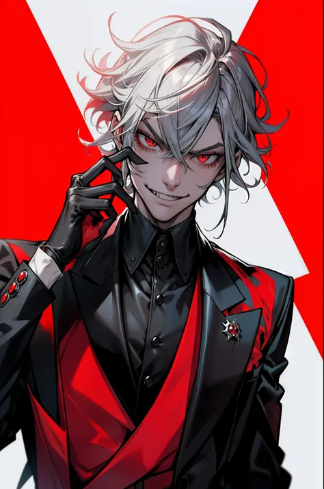 "A charismatic male vampire with a smug expression, sporting a stylish red and black combination tuxedo. He has sleek silver hair, a smart and cunning demeanor, and a laugh that echoes like a psychopath. He exudes an air of villainous charm."