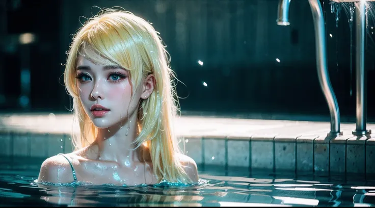 pool、wet and messy hair、beauty half out of the water、red and blue face lines、feminine expression)(blonde hair:1.3), (a lot of ha...