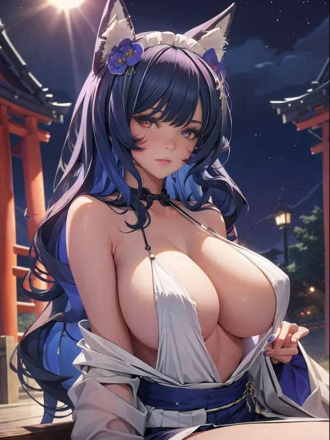 realisticlying，1girl，Blue hair，Red eyes，glowing light eyes，Cut the top，a skirt，parted lip，Be red in the face，the night，fresh flowers，suns，rays of sunshine，H-CUP large, Japan goddess, huge tit，