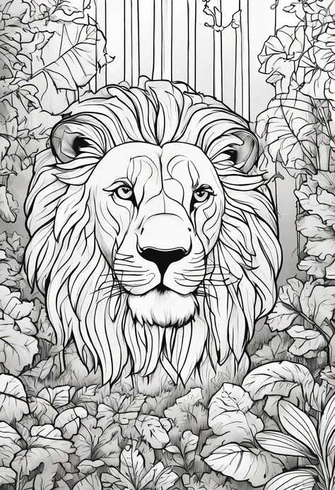 COLORING BOOK OF A LION IN THE FOREST,estilo cartoon,linhas grossas,sem cor,fundo branco,dashes only