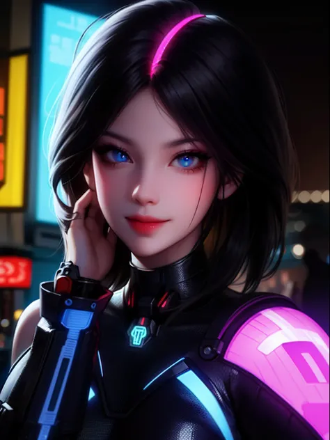 A portrait in a cyperpunk city, neon tokyo, landscape with a young beautiful mature female with short and black hair, light blue neon eyes, asian traits, wearing a black and red full body cybernetic suit, hacker vibe, netrunner, with a cocky smile, smirk, ...