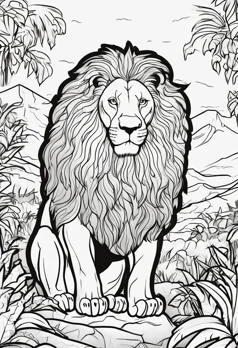 lion in the forest coloring book, cartoon style, thick lines, no color, white background, strokes only