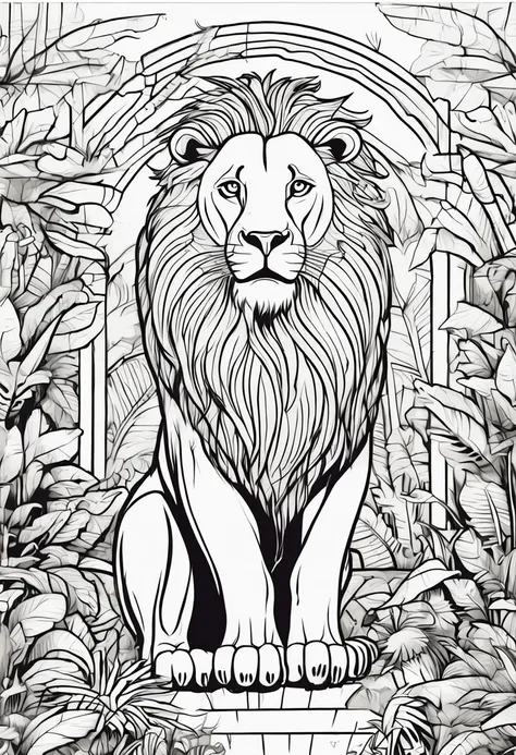 lion in the forest coloring book, cartoon style, thick lines, no color, white background, strokes only