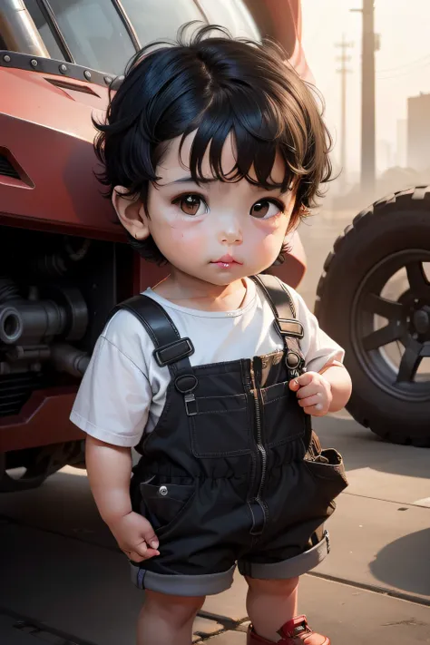 One-year-old baby with short black hair, wearing a mechanics outfit, next to a giant robot