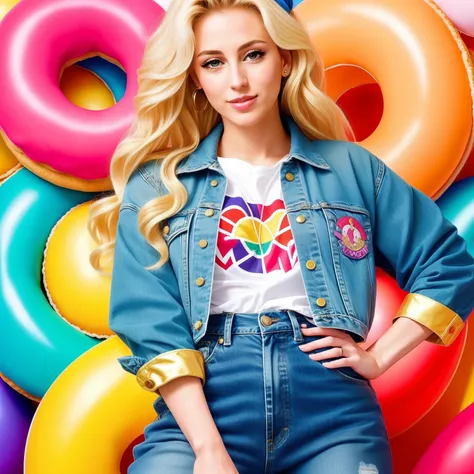 "(Mature and realistic portrayal:1.2) Sailor Moon exuding confidence as she holds a microphone, her blonde hair cascading down, adorned in stylish rainbow denim clothes from the 2000s, with a backdrop filled with donuts."