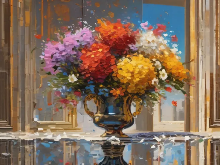 Illustration, ((micro flower explosion)), Flower Vase: ((Micro Explosions & Sophisticated Architecture))., Masterpiece, 16k UHD, acrylic painting, Palette knife, ((impasto)), by greg rutkowski salvadore dali, inception-the-movie-style, sophisticated archit...