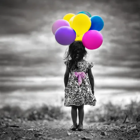 A black and white photo of a little girl in a dress on her back holding colorful balloons, color effect only on balloons, imagem que demonstra liberdade e felicidade, * salpicos de cor *, salpicos de cor, salpicos de cor, futuro!!, Beautiful image, party b...