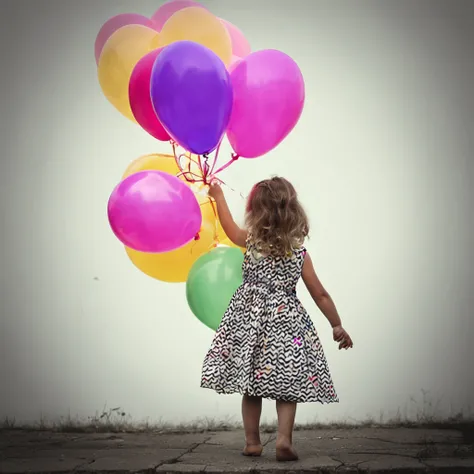 A black and white photo of a little girl in a dress on her back holding colorful balloons with her hand, color effect only on balloons, imagem que demonstra liberdade e felicidade, * salpicos de cor *, salpicos de cor, salpicos de cor, futuro!!, Beautiful ...