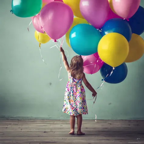 A black and white photo of a little girl in a dress on her back holding colorful balloons with her hand, color effect only on balloons, imagem que demonstra liberdade e felicidade, * salpicos de cor *, salpicos de cor, salpicos de cor, futuro!!, Beautiful ...