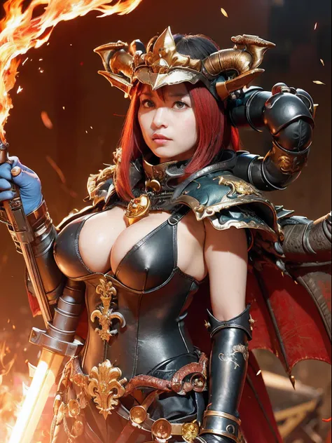 (masutepiece), Professional , ​masterpiece、top-quality、photos realistic , depth of fields 、（Dragon Black Metal Body:1.９),(Matte Blue Black、（cleavage of the breast）、Dragon Gold Weapon（Dragon Metal Body:1.４),Gorgeous gold weapons , Paint falling on her body,...