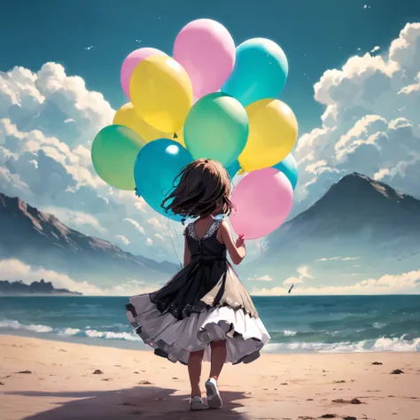 A black and white photo of a little girl in a dress on her back holding colorful balloons, color effect only on balloons, imagem que demonstra liberdade e felicidade, * salpicos de cor *, salpicos de cor, salpicos de cor, futuro!!, Beautiful image, party b...