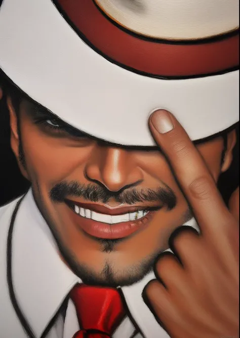 Painting of a man with hat and tie holding his finger up, inspirado em Wilhelm Freddie, medium closeup shot, Closeup estilo gesto pesado, Retrato de Michael Jackson, Close-up!!!!!, Detalhe perspicaz, mid closeup, Retrato de Michael Jackson, Closeup!!, deta...